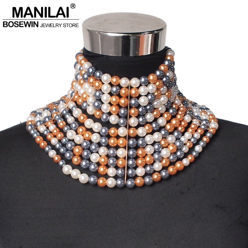 MANILAI Brand Imitation Pearl Statement Necklaces For Women Collar Beads Choker Necklace Wedding Dress Beaded Jewelry 2020