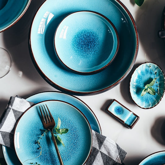 Ice Cracking Glaze Ceramic Tableware Household Dishes Rice Bowls Steamed Fish Dishes Porcelain Blue Dinner Plates