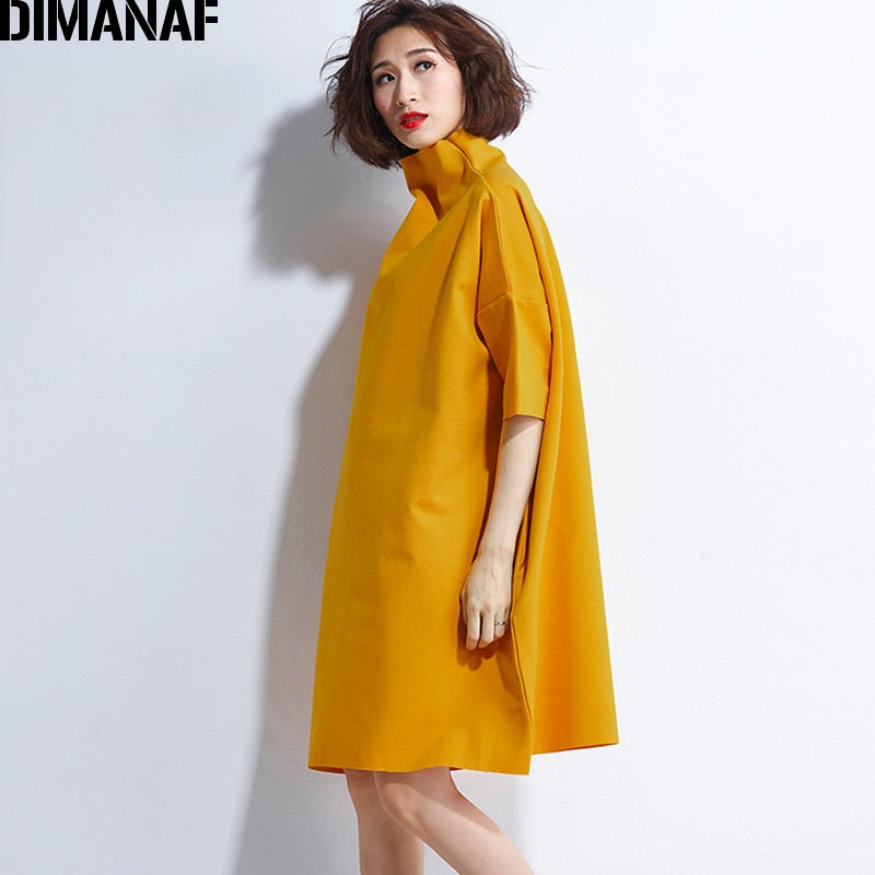 DIMANAF Autumn Dresses Women Turtleneck Cotton Knitting Femme Clothes Elegant Solid Vestidos Oversize Fashion Ladies Dress 2021