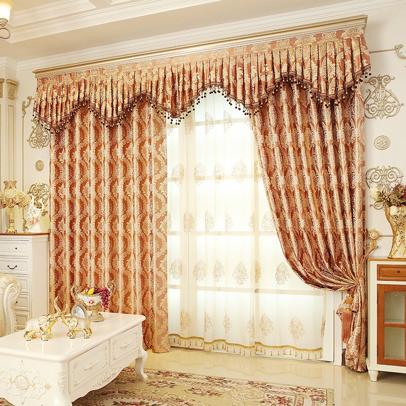 European Luxury Blackout Gold windows treatment curtains for living room bedroom flower tulle valance