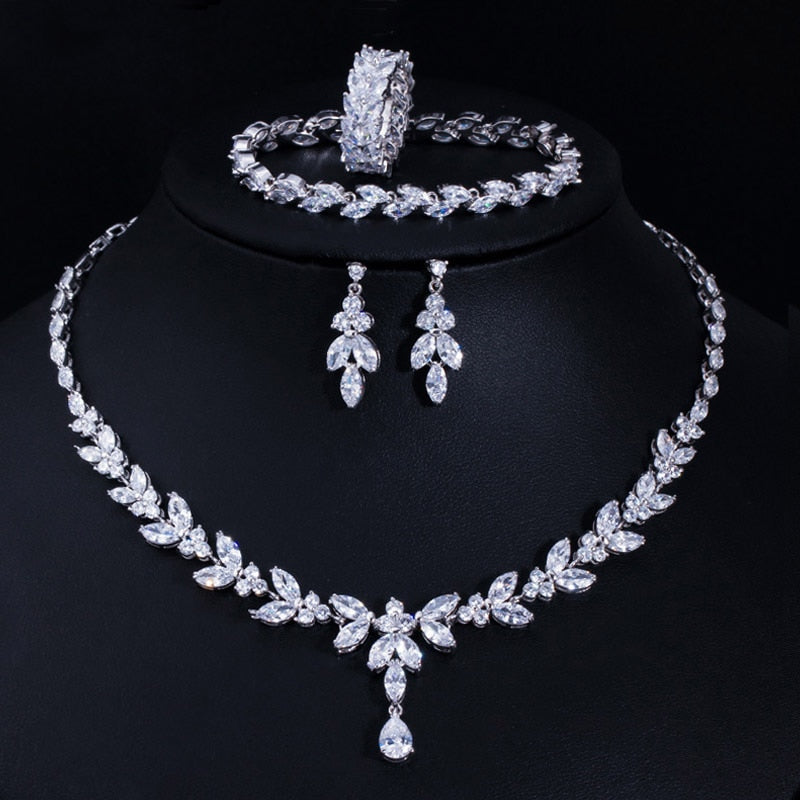 CWWZircons 4Pcs Brilliant Cubic Zircon Necklace Earrings Ring and Bracelet Wedding Bridal Jewelry Sets Dress Accessories T344