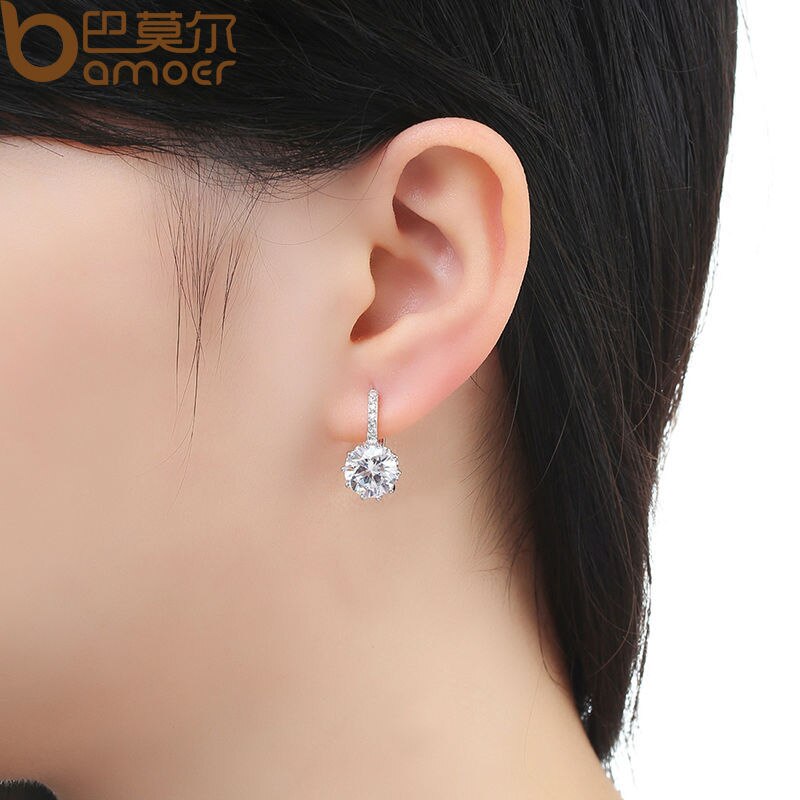 BAMOER Trendy Genuine Silver Color Round Hoop Earrings with AAA Zircon For Women Jewelry Gift YIE083