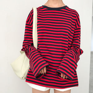 2021 New Vintage Fashion Basic Loose Casual Striped All Match Simple Long Sleeve Female T-shirts