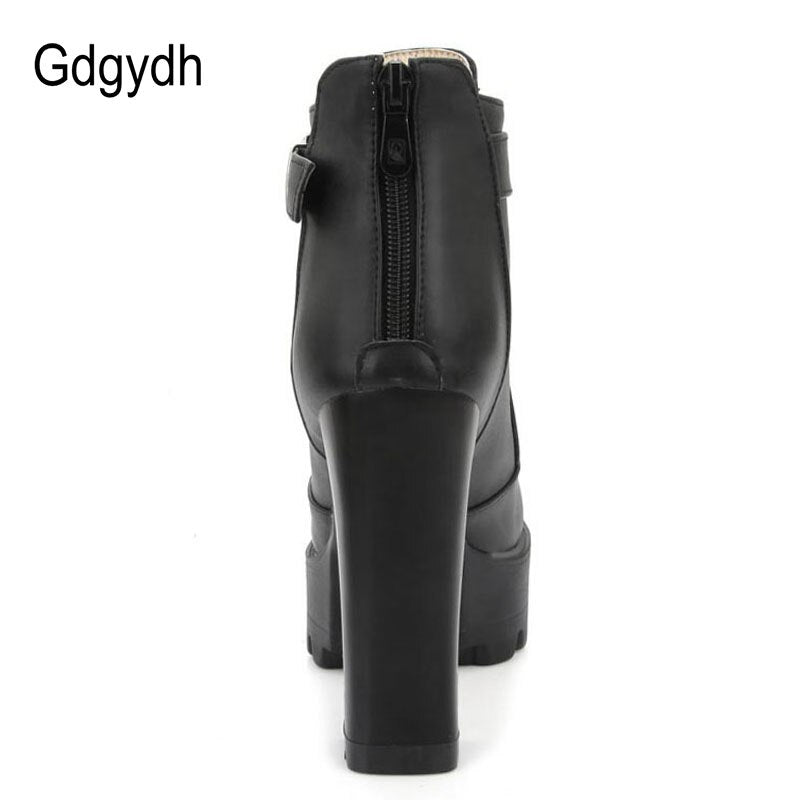 Gdgydh Women Platform Heels Ankle Boots Zipper High Heels Female Booties Shoes Black Round Toe Ladies Shoes Big Size 2022 Autumn