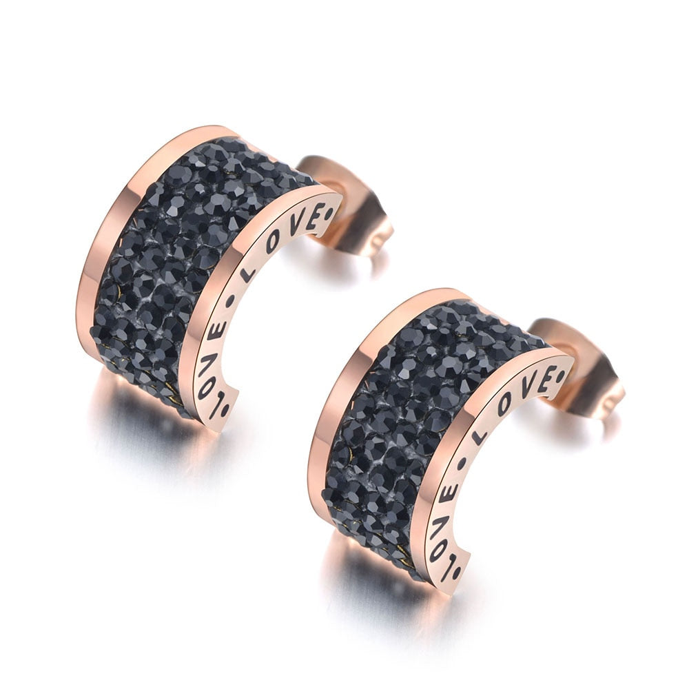 Lokaer Stainless Steel Semicircle Black Rhinestone Love Wedding Earrings For Women Rose Gold Engagement Earrings Jewelry E19047