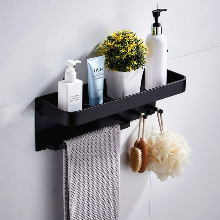 Black Space Aluminum Bathroom Shelves With Hooks Wall Mount Bathroom Shelf Bath Storage Rack Towel Holder