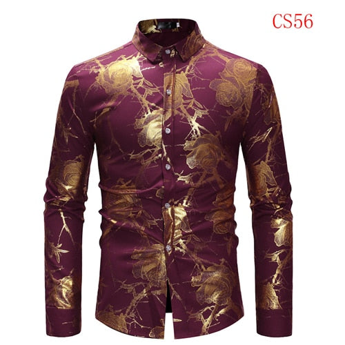 Mens Gold Rose Floral Print Shirts 2019 Brand Floral Steampunk Chemise White Long Sleeve Wedding Party Bronzing Camisa Masculina