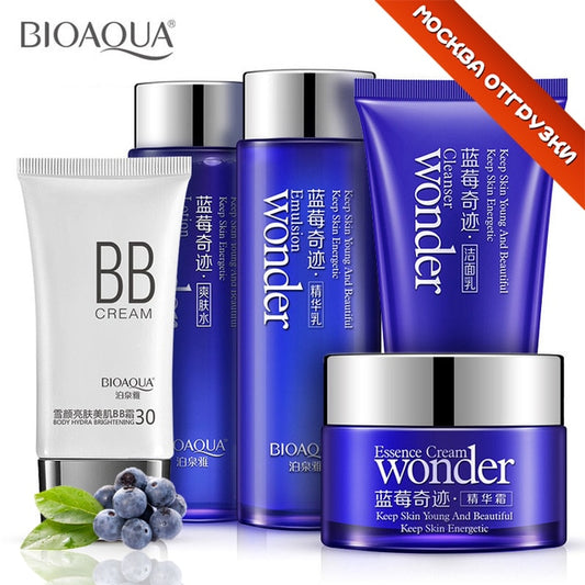 BIOAQUA Miracle Blueberry Beauty Set Hydrating Essence Face Cream Facial Cleanser Brightening BB Cream Essence Emulsion Toner