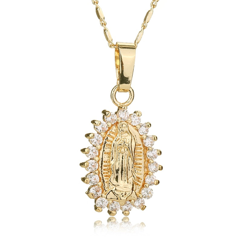 CWEEL Virgin Mary Necklace Gold Color Bijoux Imitation Crystal Statement Necklace Women Fashion Pendant Catholic Jewelry