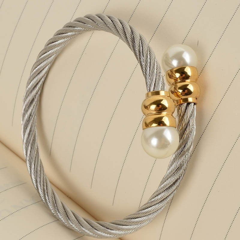 New Women Cable Bangles Gold 316l Stainless Steel Bracelet Fashion Pearl Jewelry