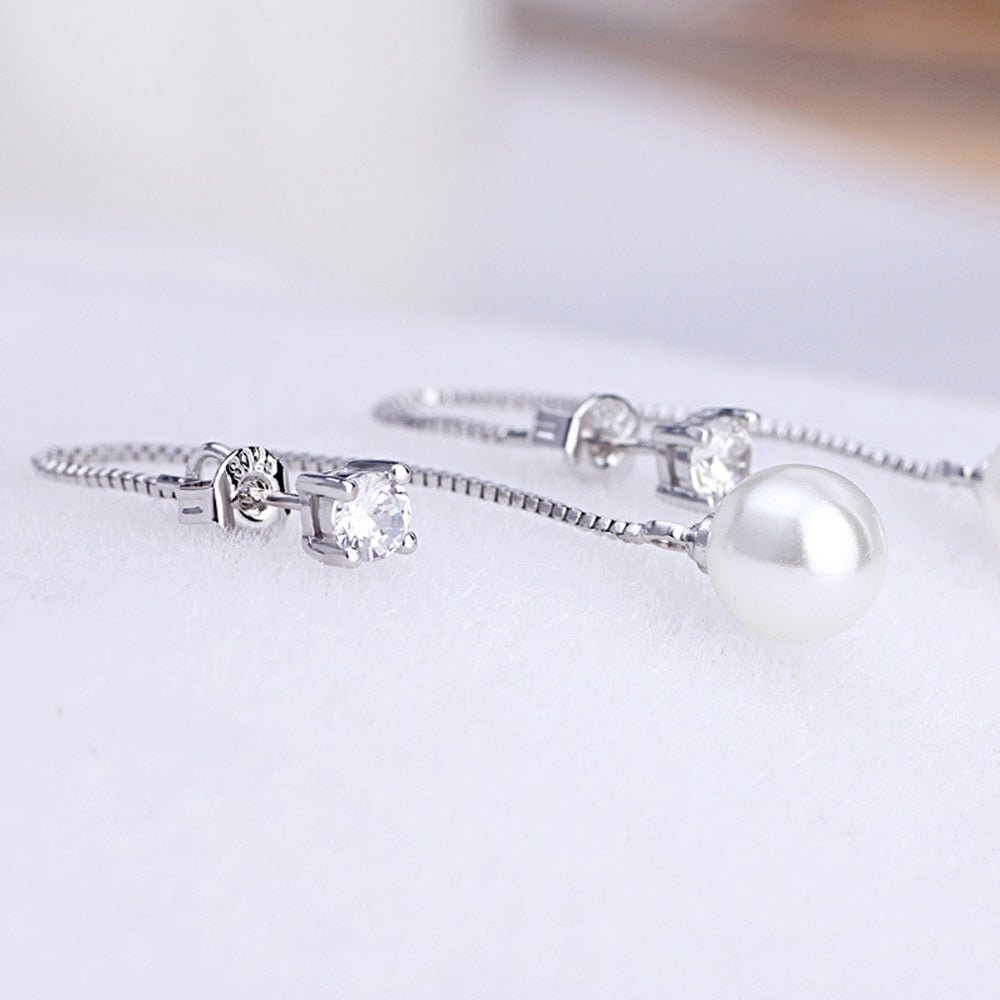 Fashion Silver-color Simulated Pearl Pendant Long Chain Cubic Zirconia Long Earrings Bridal Wedding Pearl Jewelry Drop Earrings