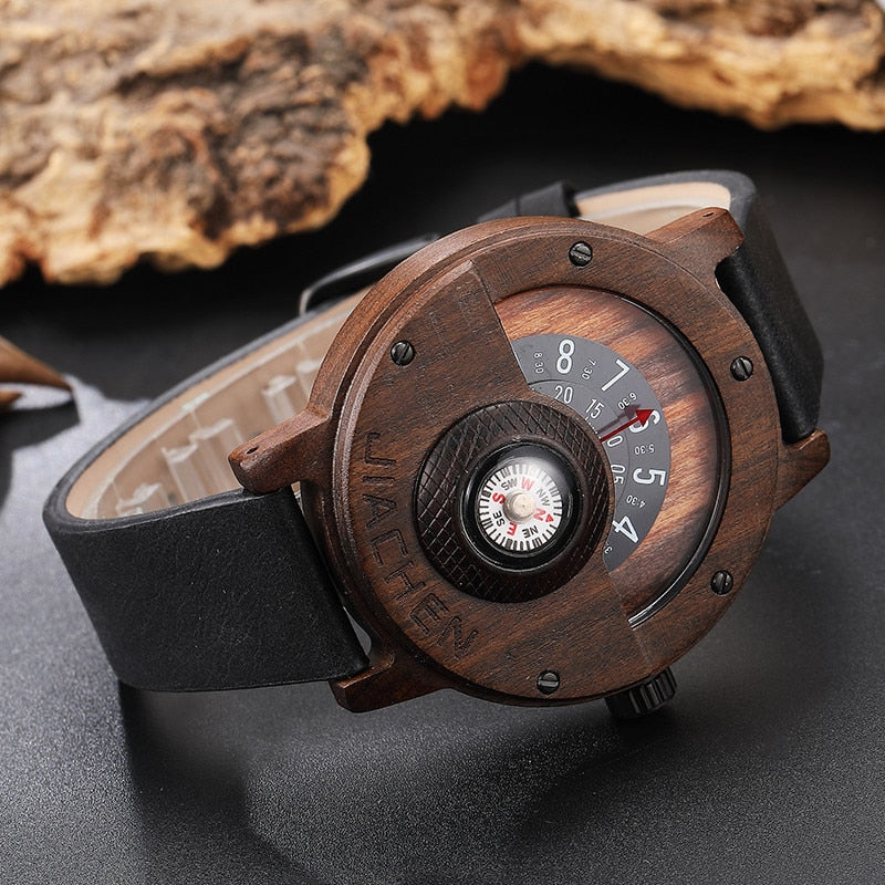 Unique Compass Turntable Number Design Mens Wooden Watch Men Brown Wood Leather Band Creative Natural Wood Wrist Watches Relogio