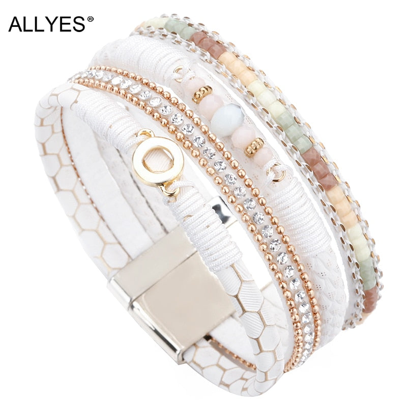 ALLYES White Leather Bracelets for Women Jewelry Trendy Round Metal Charm Rhinestone Crystal Wide Multilayer Bracelet Female