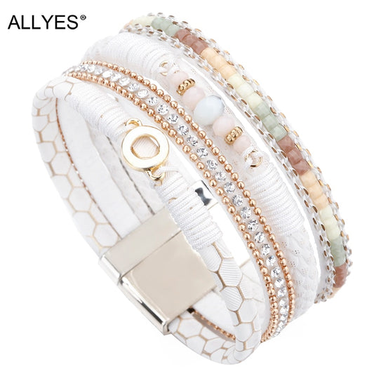 ALLYES White Leather Bracelets for Women Jewelry Trendy Round Metal Charm Rhinestone Crystal Wide Multilayer Bracelet Female