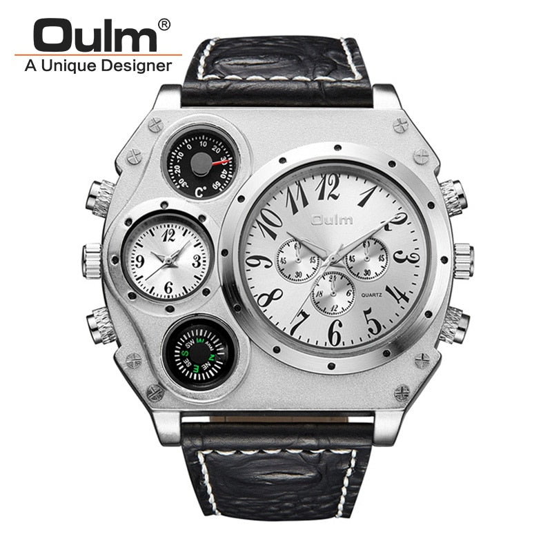 OULM Watch Men Quartz Sport Leather Strap Watches Big Dial Military Wristwatch Mens Clock Compass Decoration reloj hombre 2018