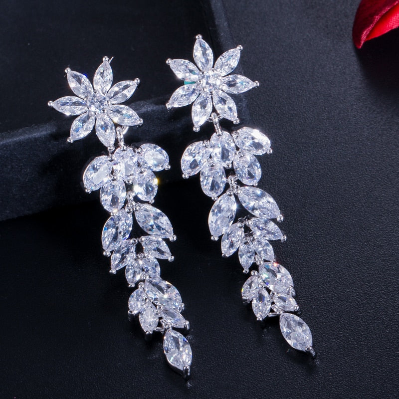 CWWZircons Luxury Marquise Cluster Flower Shape Cubic Zirconia Long Dangle Drop Earrings for Brides Wedding Jewelry CZ432