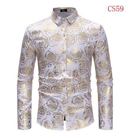 Mens Gold Rose Floral Print Shirts 2019 Brand Floral Steampunk Chemise White Long Sleeve Wedding Party Bronzing Camisa Masculina