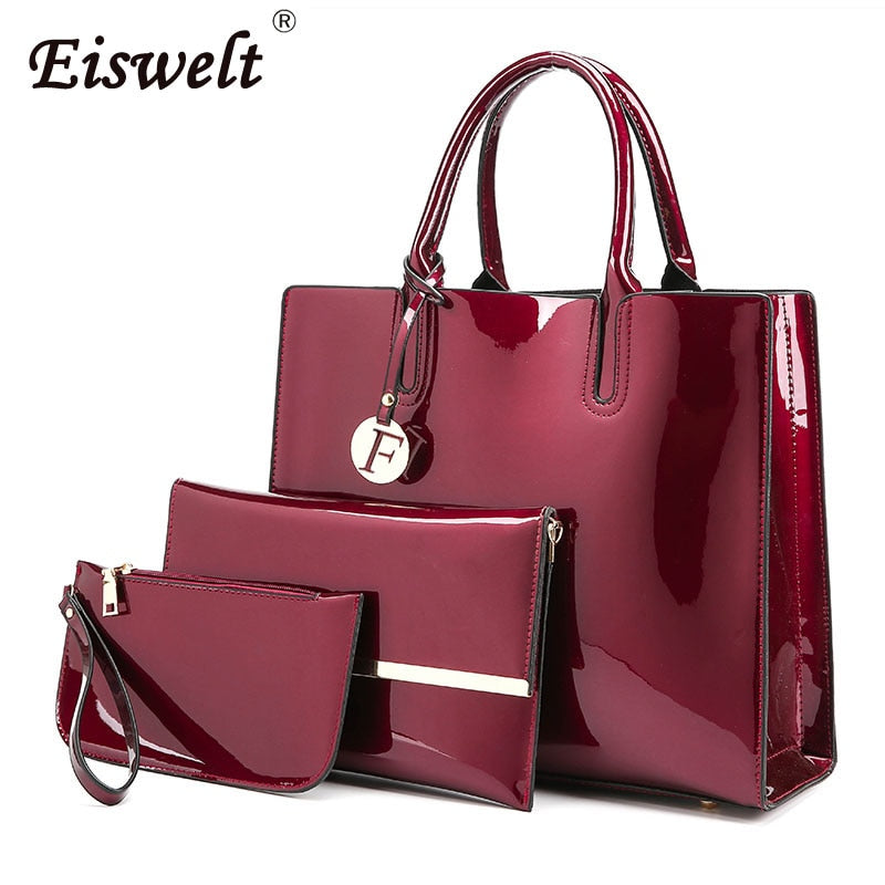 Brand 3 Sets Women Handbags High Quality Patent Leather Female Messenger Bag Luxury Tote+Ladies Shoulder Crossbody Bag+Clutch