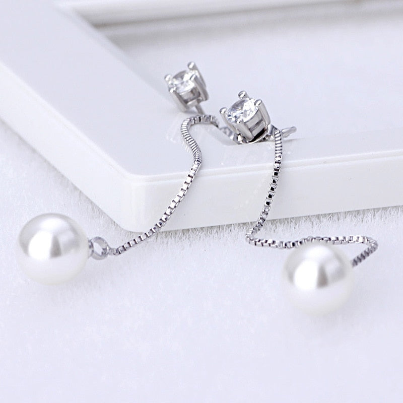 Fashion Silver-color Simulated Pearl Pendant Long Chain Cubic Zirconia Long Earrings Bridal Wedding Pearl Jewelry Drop Earrings