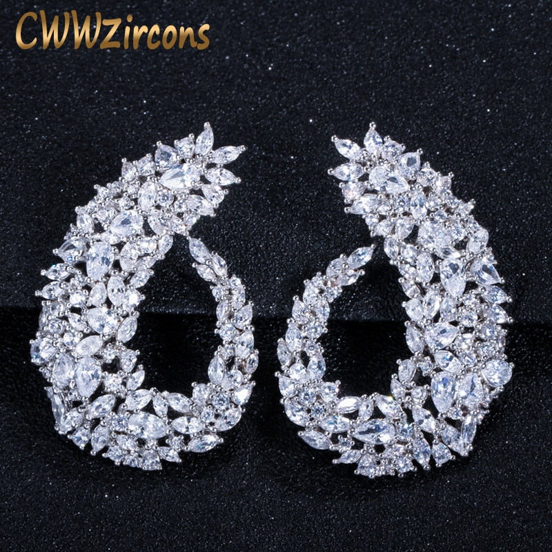 CWWZircons Sparking Cubic Zirconia Silver Color Women Big Flower Hoop Earrings for Brides Wedding Jewelry Accessories CZ416