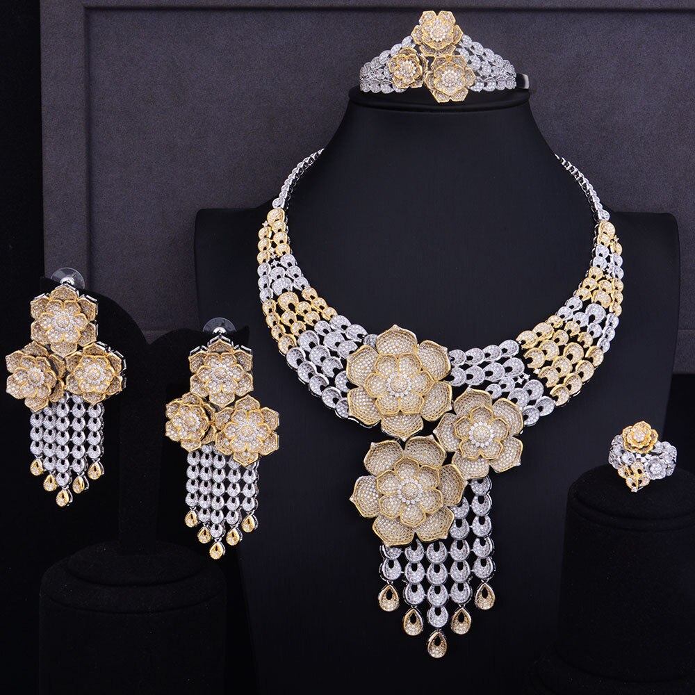 Tassel Drop Rose Flower Boom Full Micro Cubic Zirconia Women Wedding Dress Necklace Earring Jewelry Set