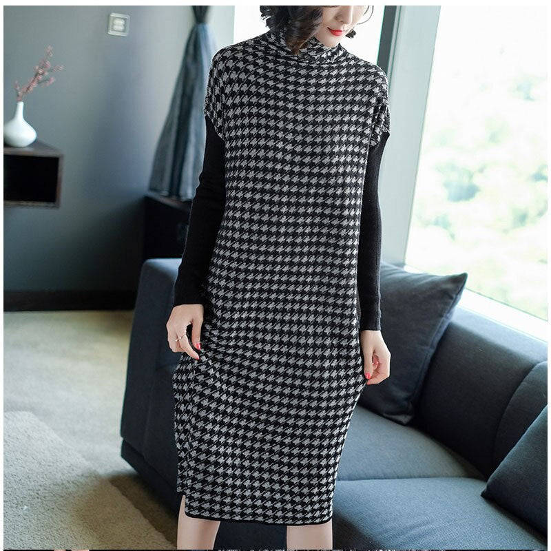 Plus Size Women Black Houndstooth Knitting Stretch Sweater Dress Winter Female Dresses Vestido Clothing Robes