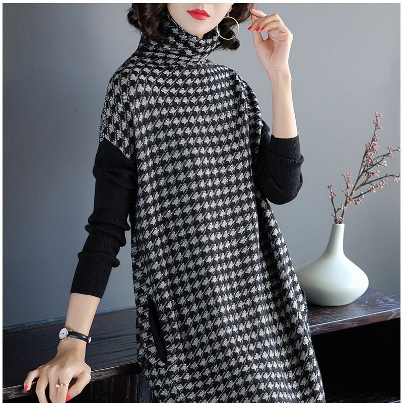 Plus Size Women Black Houndstooth Knitting Stretch Sweater Dress Winter Female Dresses Vestido Clothing Robes