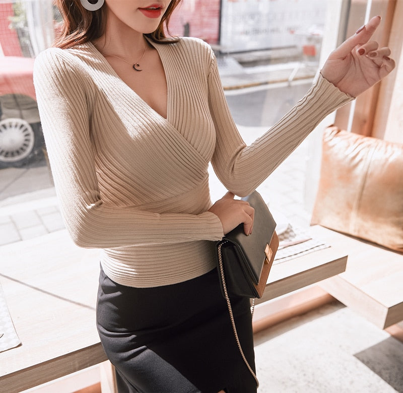 15 colors 2021 Sexy Deep V Neck Sweater Women's Pullover Slim Sweaters Female Elastic Long Sleeve Tops Femme (N0021)