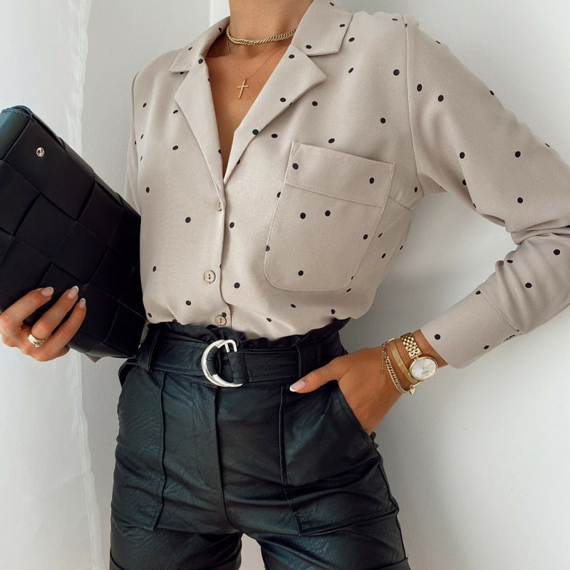 Pocket Long Sleeve Turn Down Collar Women Blouse Office Lady Polka Dot Cotton Casual Shirts 2021 New Spring