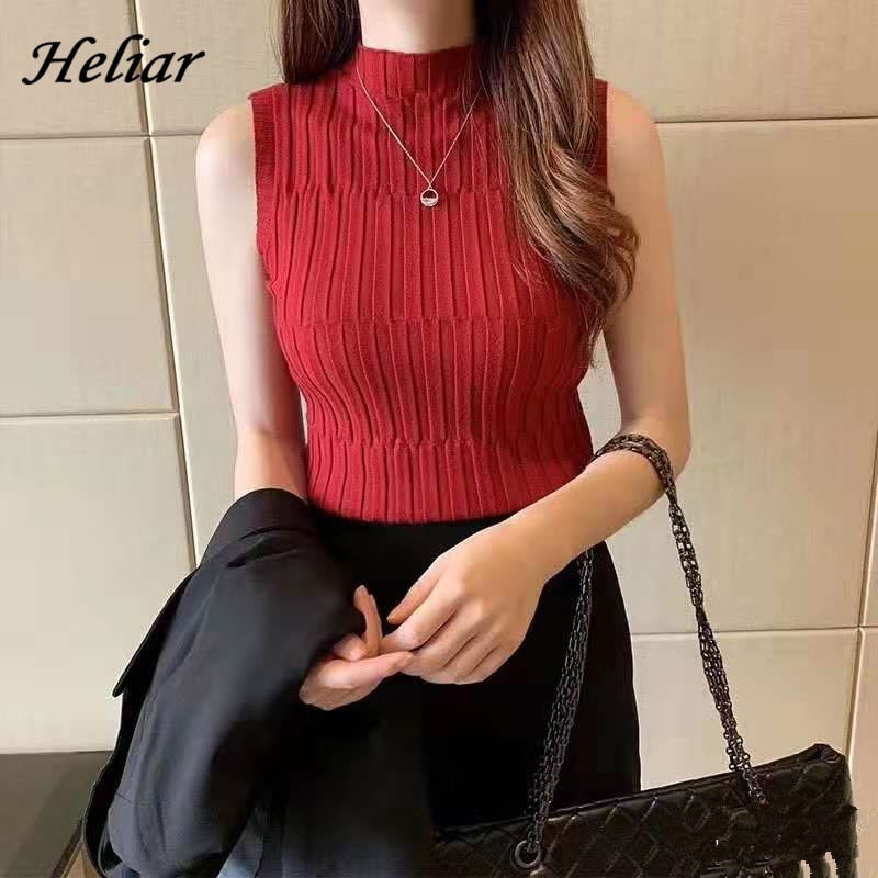 HELIAR Women Plain Knitted Tank Tops Female Solid Sleeveless O-Neck T-shirt Women Casual Crop Tank Tops For Women Summer