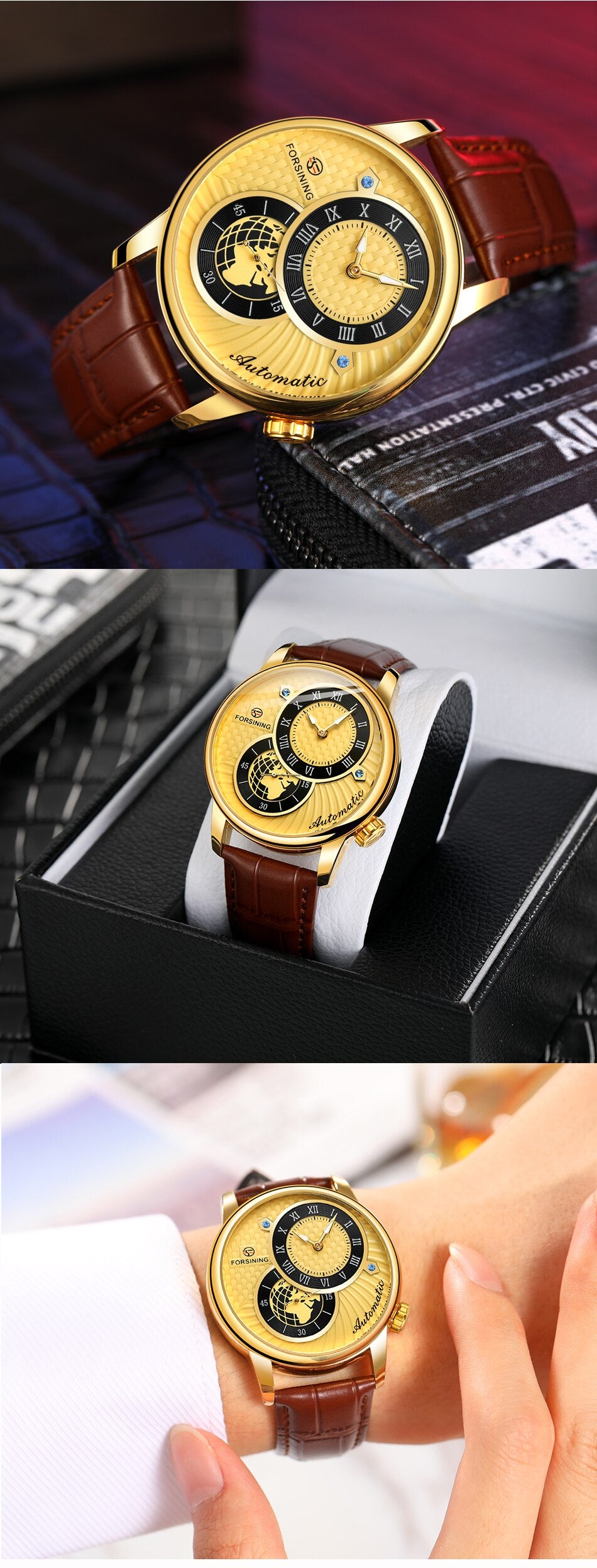 New FORSINING FSG8201 Men's Watch Waterproof Mechanical Mens Watches Leather Belt Luxury Business Automatic Watch Men Wristwatch