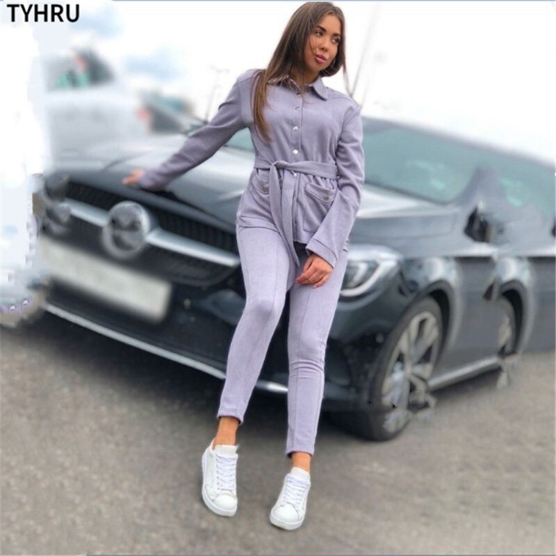 TYHRU Autumn Spring Women's Tracksuit Suede Solid Color Shirt Collar Single Breasted Belt Elastic 2 Pieces Pant Suit