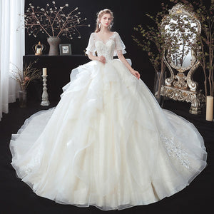 Beading Crystal Appliques Flowers Lace Ball Gown Wedding Dress Suknia Slubna V-Neck Short Sleeve Bride Dresses