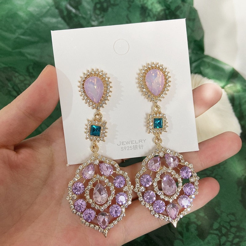 MENGJIQIAO New Vintage Elegant Waterdrop Crystal Oval Flower Dangle Earrings For Women Girls Luxury Rhinestone Jewelry Brinco