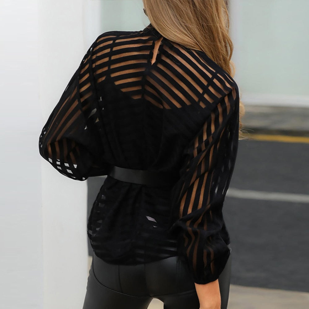 Sexy Black Women Mesh Sheer Blouses Ladies Long Sleeve Striped Front Hollow Out Transparent Shirts Blusas Mujer Camisas