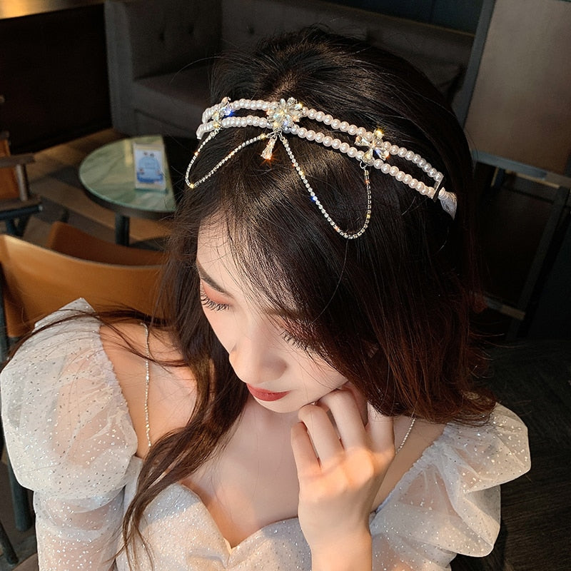 2020 Korea New Design Fashion Jewelry Exaggerated Crystal Tassel Elegant White Pearl Female Clavicle Necklace