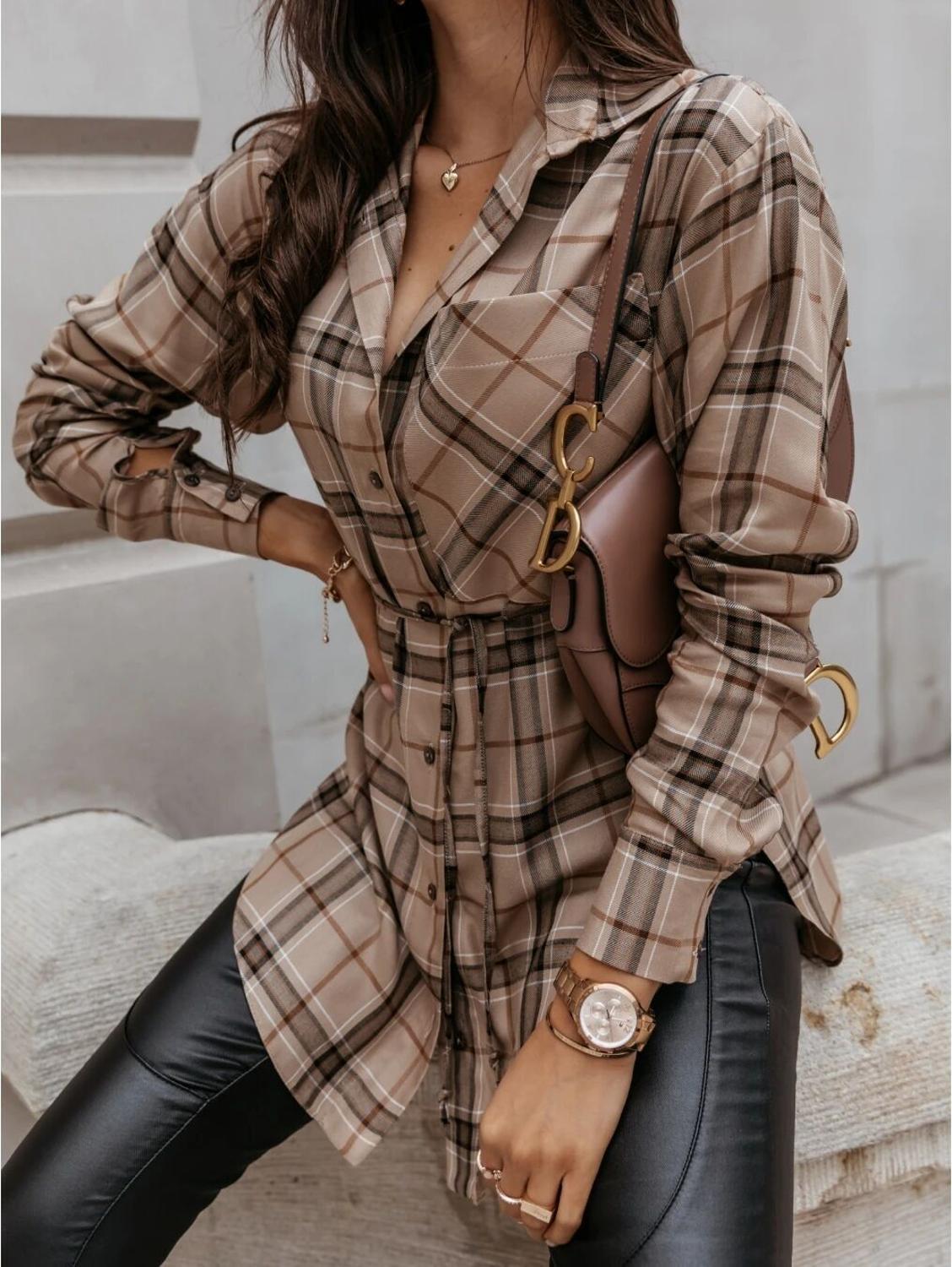 Prowow Women Long Plaid Blouse Spring Autumn Casual Long Sleeve Female Shirts Single Breasted Turndown Collar Plus Size Tops