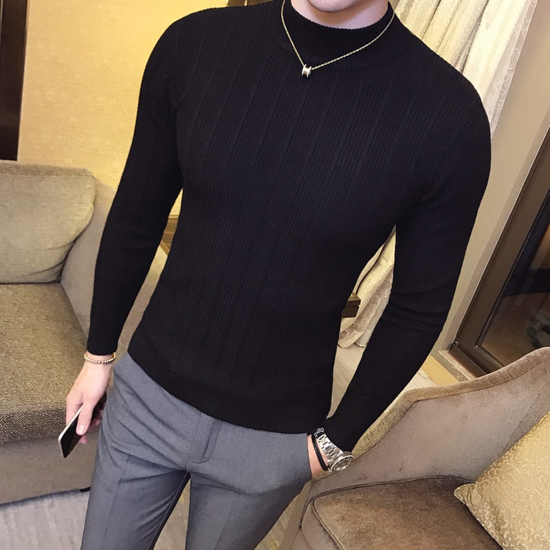 New Autumn Winter High Collar Striped Sweater Fashion Boutique Solid Color Men's Casual Knit Pullover Tight Fashion Mens Sweater