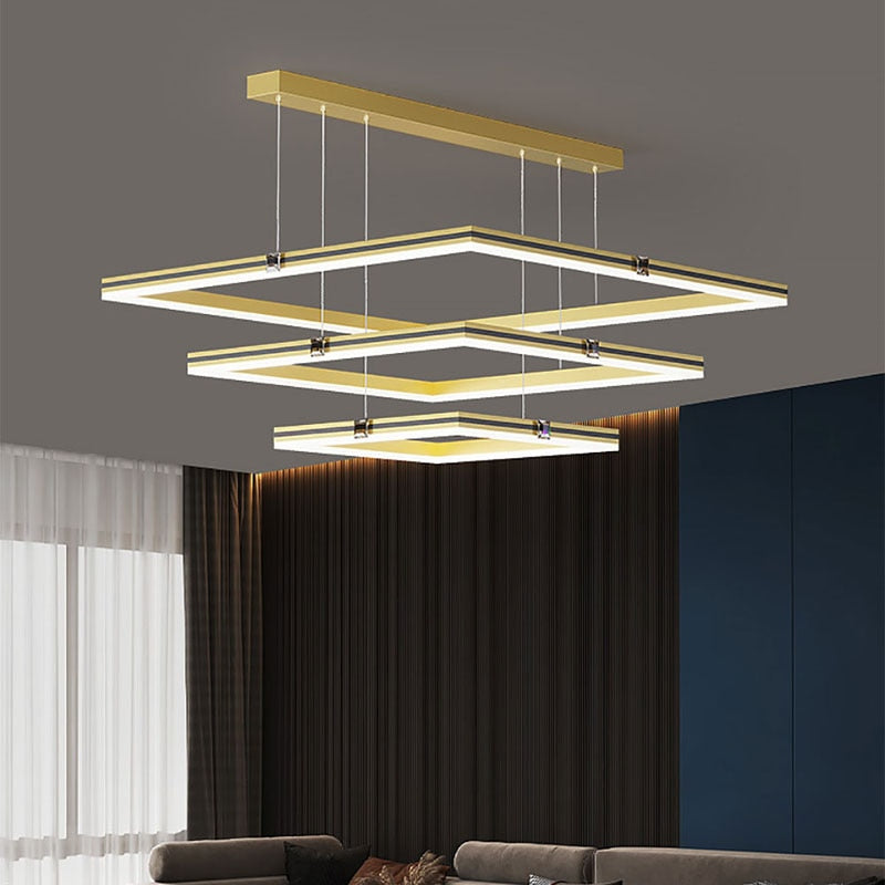 Modern Minimalist Luster Square Black Gold LED Chandelier for Bedroom Living Room Restaurant Loft Home Indoor Light Fixture