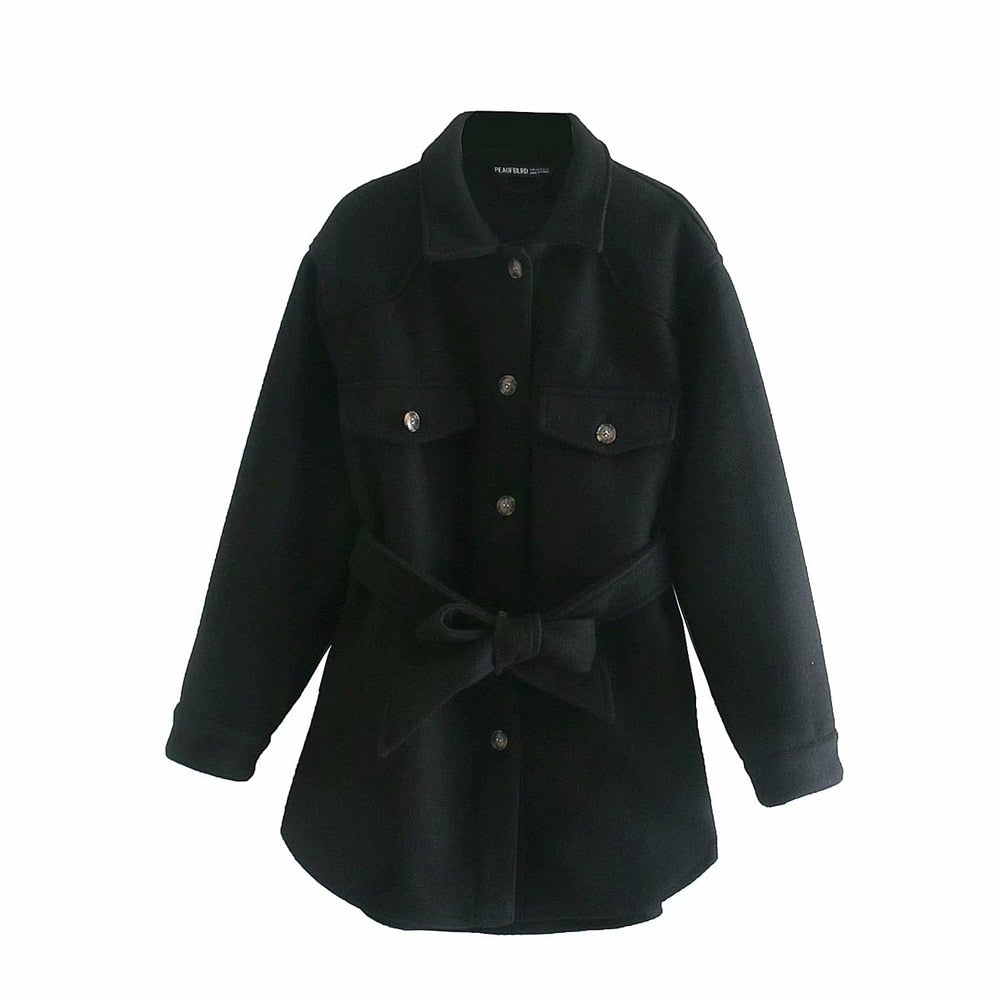 2020 Autumn women long-sleeved lapel pocket, buttoned, loose waist and loose casual woolen shirt jacket