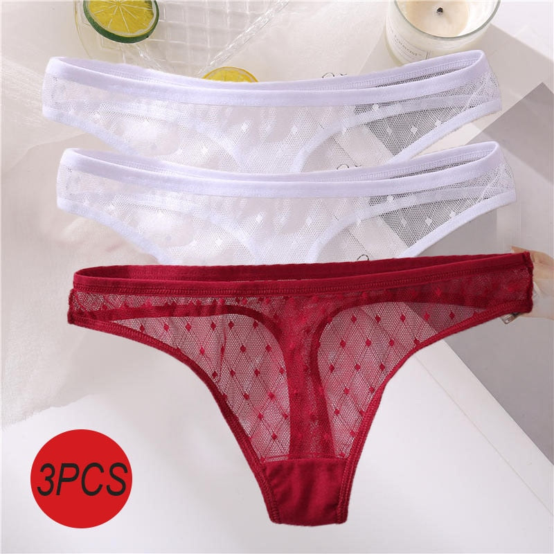 3PCS/Set Sexy Panties Women G-String Thong Lace Underwear Pantys Low-Waist Female Underpants Mesh Perspective Briefs Lingerie