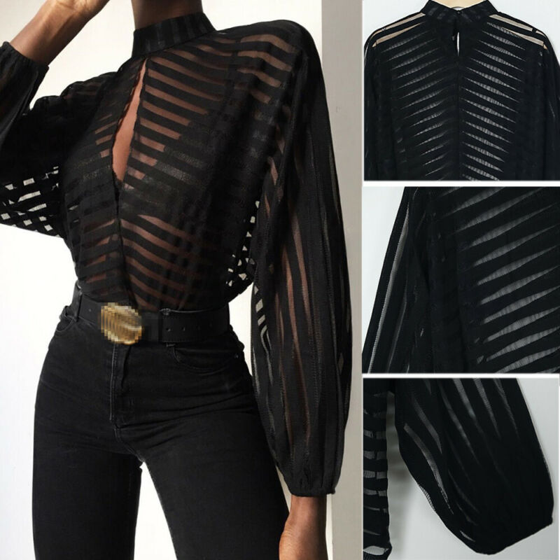 Sexy Black Women Mesh Sheer Blouses Ladies Long Sleeve Striped Front Hollow Out Transparent Shirts Blusas Mujer Camisas