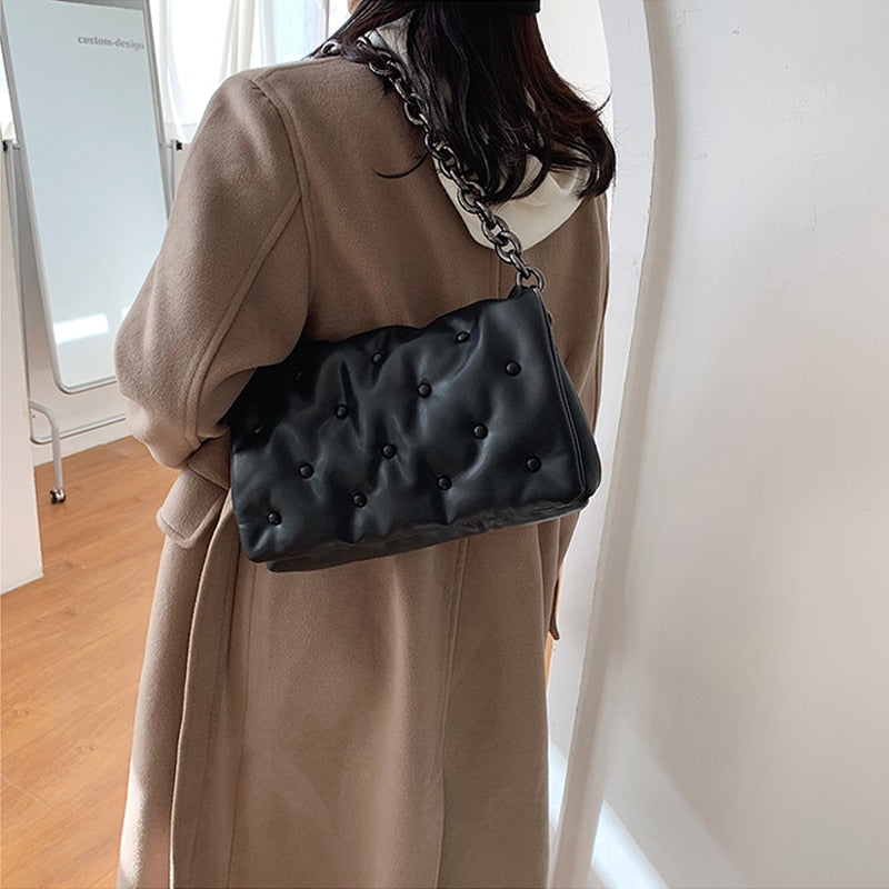 Chain PU Leather Underarm Bag for Women 2021 Branded Trending Black Shoulder Handbags and Purses Female Travel Hand Bag