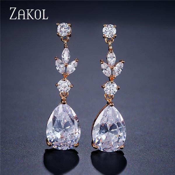 ZAKOL Fashion AAA Cubic Zircon Drop Earrings for Women White Color Leaf Wedding Jewelry Factory Wholesale FSEP4004