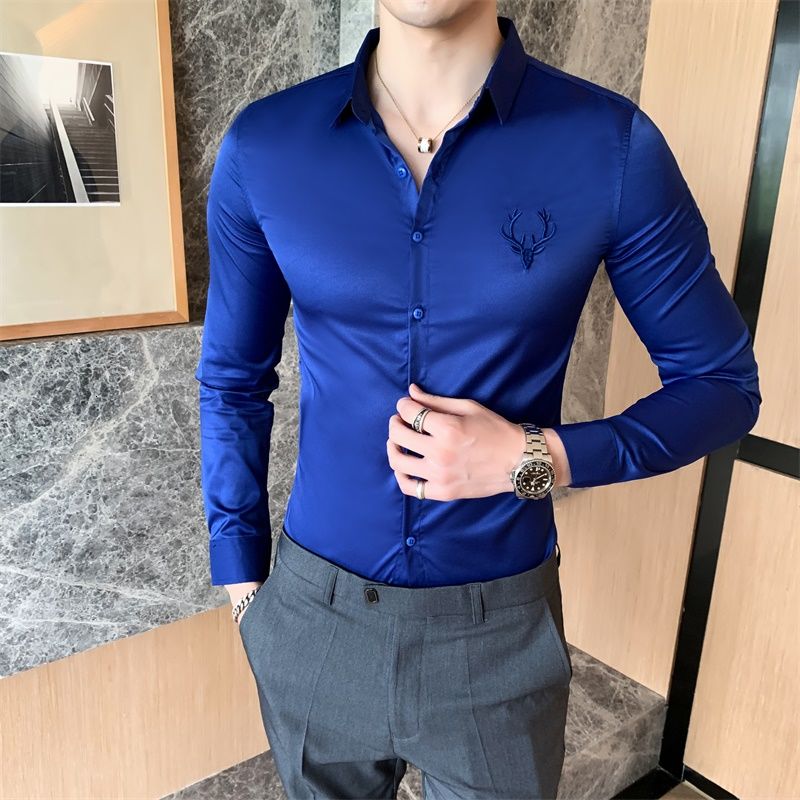 Solid Simple Mens Casual Shirt Slim Fit Business Formal Wear Deer Head Embroidery Shirt Men Brand New 2020 Long Sleeve Men Shirt