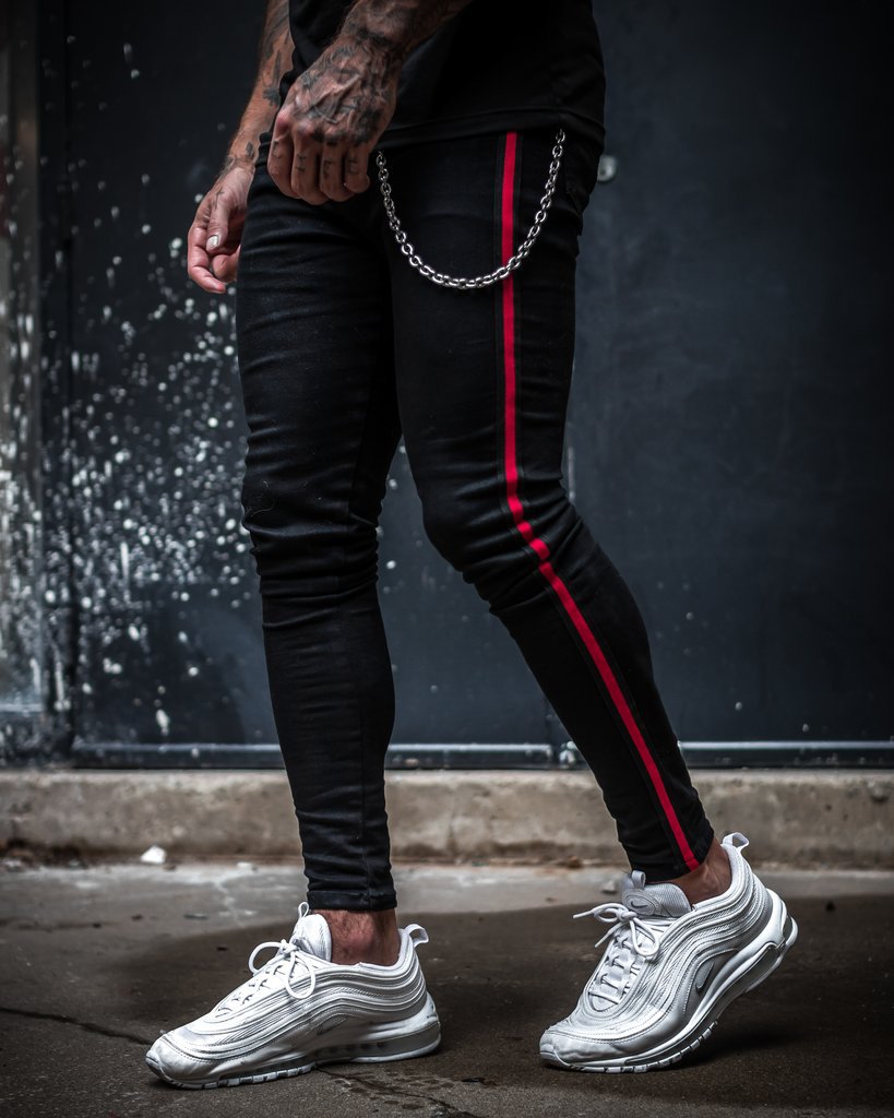 Skinny ripped jeans men Pants Pencil Biker Side Striped Jeans Destroyed Hole Hip Hop Slim Fit Man Scratched Jean Hombre Pantalon