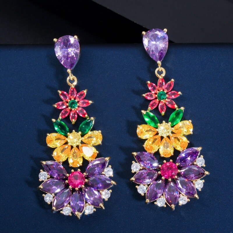 CWWZircons Unique Multicolored Cubic Zirconia Cluster Flower Dangle Drop Earrings for Women Wedding Party Dress Jewelry CZ430