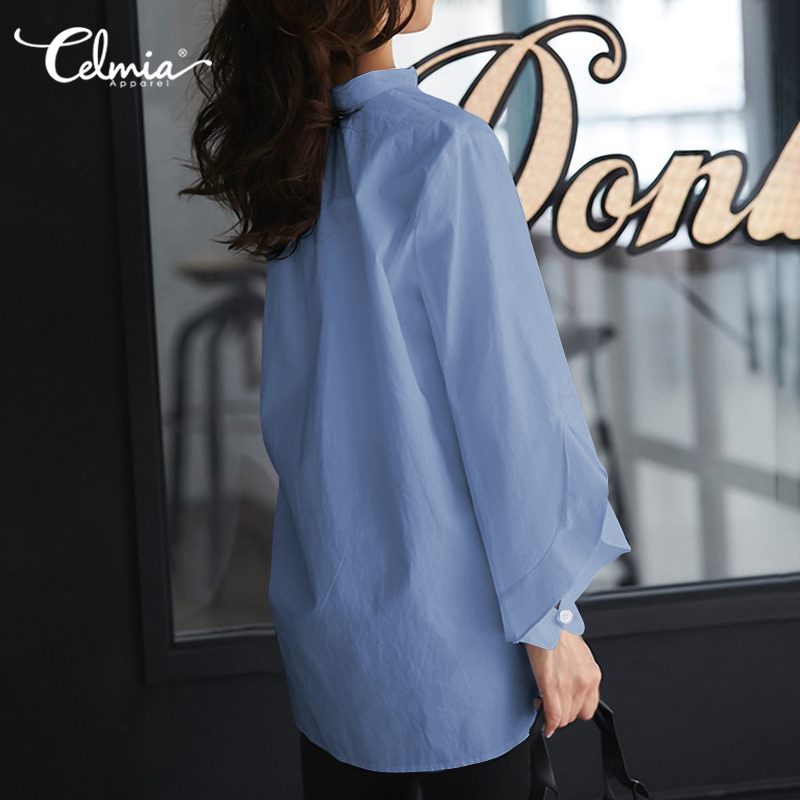 Celmia 2021 Autumn Women Tops and Blouses Long Flare Sleeve Casual Solid Shirts Buttons Work Basic Blusas Femininas Plus Size