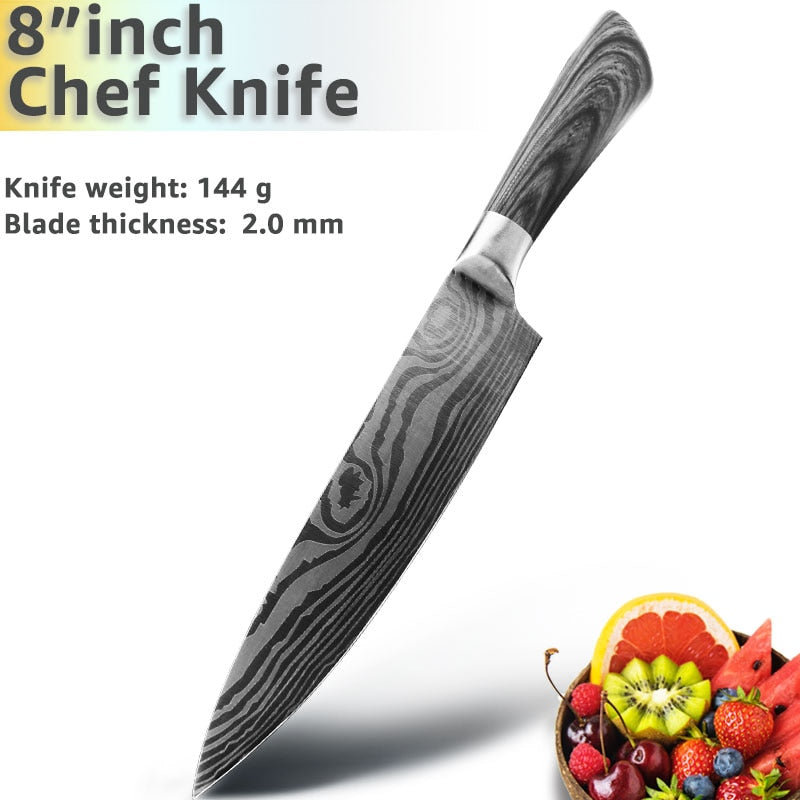 Kitchen Knife 5 7 8 Inch 1-3Pcs Set Stainless Steel Chef Santoku Imitated Damascus Pattern Cleaver Meat Vegetable Cooking Tool