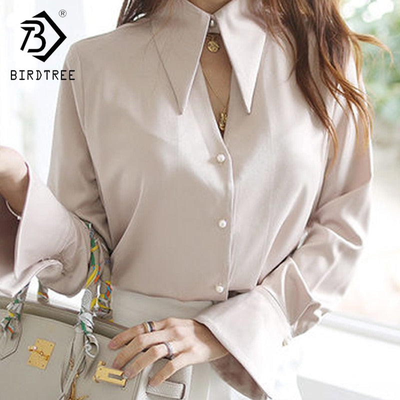 Spring Women Chiffon V Neck Long Sleeve Office Career Shirts Tops Fashion Casual Trumpet Sleeve Blouses T9D204M